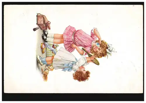 Künstler-Ansichtskarte Kinder: Zwei Mädchen beim Schminken, STRASSKIRCHEN 1917