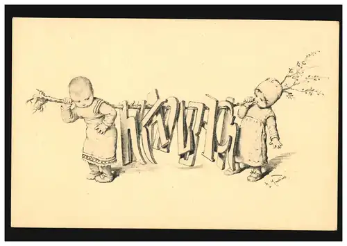 Künstler-Ansichtskarte Kinder Hermann Kaulbach: Buchstaben, ungebraucht