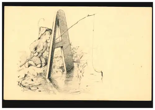 Carte de vue d'artiste Enfants Hermann Kaulbach: La lettre A Pêche, inutilisé