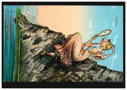 Karikatur-Ansichtskarte Loreley: Gedicht Die schöne Jungfrau sitzet, ungebraucht