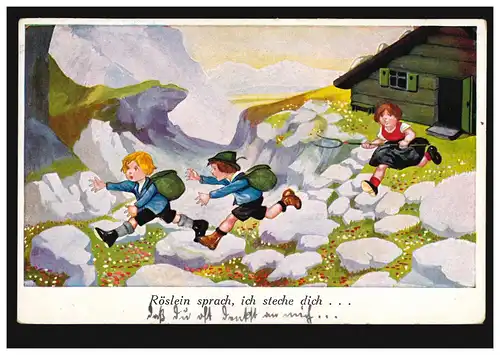 Karikatur-AK Röslein sprach Ich steche Dich- Wanderer auf der Alm, gelaufen 1929