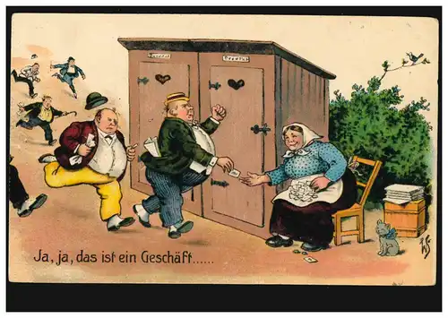 Karikatur-AK ja, ja, das ist ein Geschäft: Männer rennen zur Toilette, ungebr.