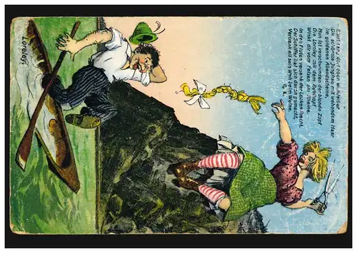 Caricature-AK Poème de la Lorely: Coupé Blond Zopf, BOPPARD 1927