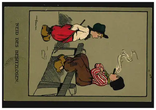Caricature-AK Ethel Parkinson: Envie du sans-propre - Le garçon fume du cigare, 1914
