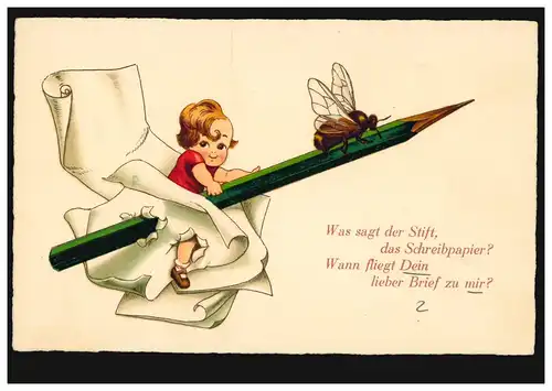 Caricature-AK Poème pour écrire: enfant avec papier et stylo, marqué
