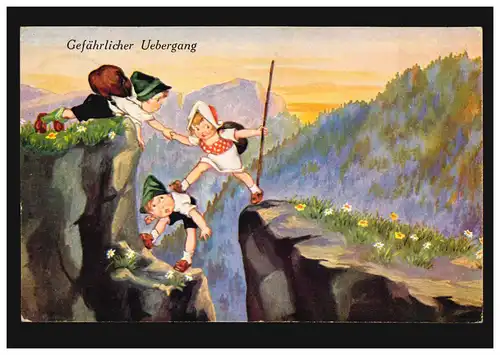 Caricature-AK Enfants dans les montagnes: transition dangereuse, VIECHTACH 10.11.1925