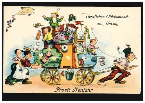Caricature AK Prosit Nouvel An: Félicitations pour le déménagement, inutilisé