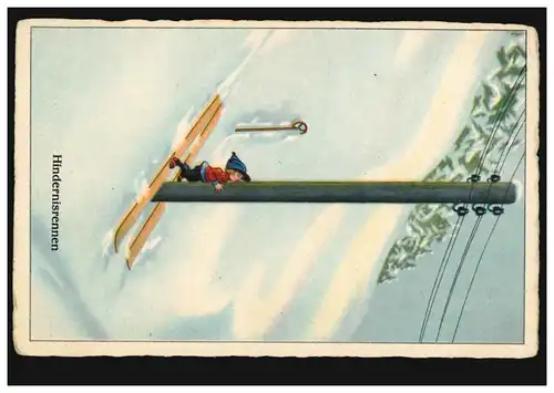 Caricature AK course d'obstacles enfant sur skis conduite contre mât, inutilisé