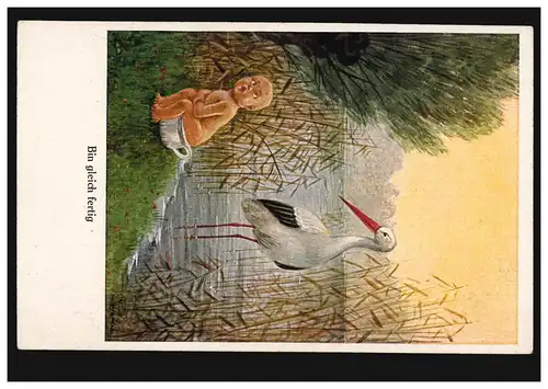 Caricature AK J'ai presque fini: bébé sur pot de nuit avec cigogne, non utilisé