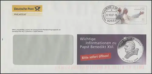 Plusbrief F251 Papst Benedikt XVI: Informationen zur Papst-Münze, 22.10.2007