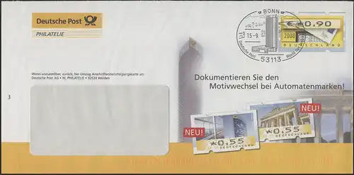Plusbrief F351 ATM Briefkasten: Motivwechsel Automatenmarken, SSt Bonn 15.9.2008