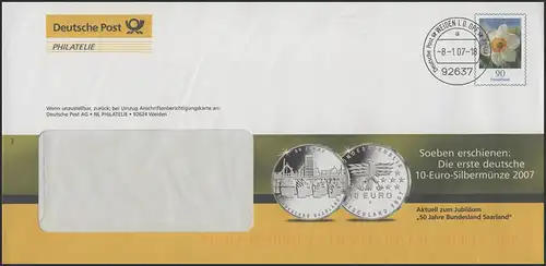 Plusbrief F186 Narzisse: Werbung 10-Euro-Silbermünze Bundesland Saarland, 8.1.07