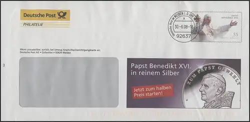 Lettre de plus F332 Le pape Bendikt XVI: Publicité pour la pièce d'argent du papes, 30.6.08