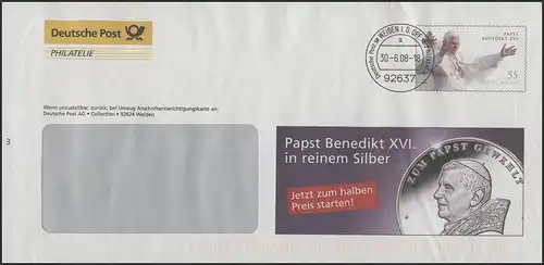 Plusbrief F332 Papst Bendikt XVI: Werbung für Papst-Silbermünze, 30.6.08