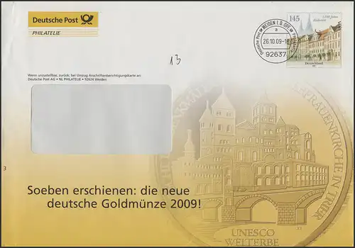 Plusbrief F462 Eichstätt: Werbung für Goldmünze 2009 UNESCO Trier, 26.10.09