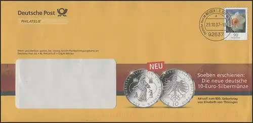 Plusbrief F252 Narzisse: Werbung 10-Euro-Münze Elisabeth von Thüringen, 20.10.07