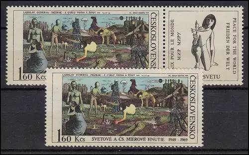 Tschechoslowakei: Friedensbewegung Guderna Gemälde 1969, 2 Marken + ZF **