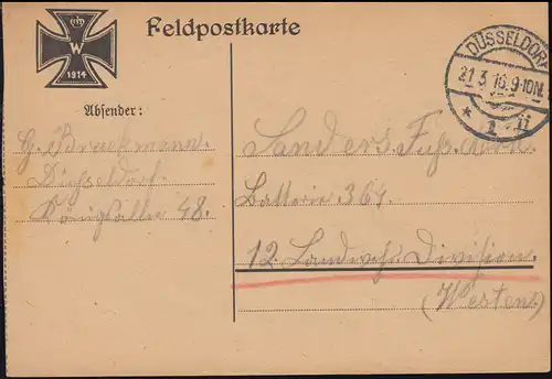 Feldpostkarte Das Eiserne Kreuz 1914 aus DÜSSELDORF 21.3.1916 an die Front
