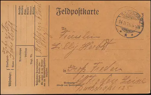 Carte postale de champ BOCKHORN 14.11.1916 vers Gross Freden