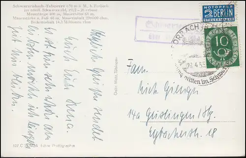 Landpost Schwarzenbach über Forbach auf AK Talsperre mit SSt FORBACH 28.4.53