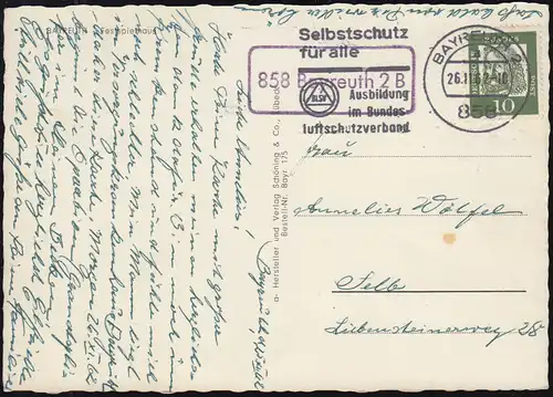 Post 858 Bayreuth 2 B sur AK Festspielhaus BAYREUTH 26.11.1962 vers Selb