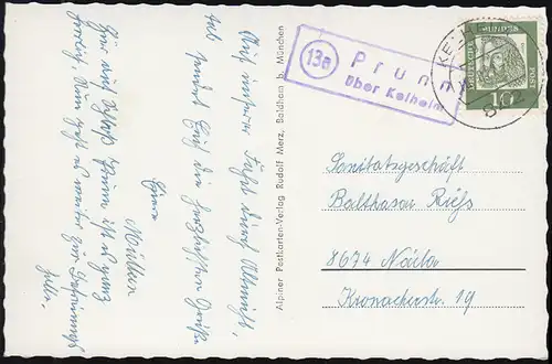 Landpost Prunn sur KELHEIM 16.8.1962 sur AK Château Prinn dans la vallée de l'Altmühl