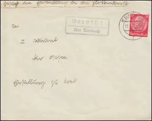 Landpost Strothe über KORBACH 11.1.1937 auf Fernbrief