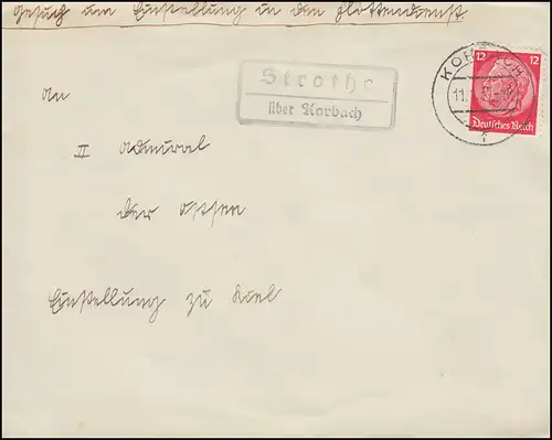Le courrier de Strothe sur KORBACH 11.1.1937 par télex