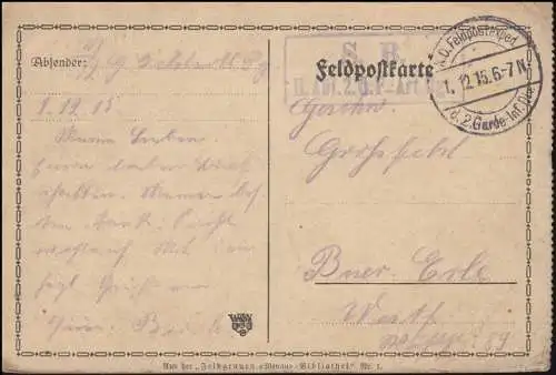 Feldpost SB II. Abt. 2. G.F.-Artillerie-Regiment, Text-Postkarte 1.12.1915