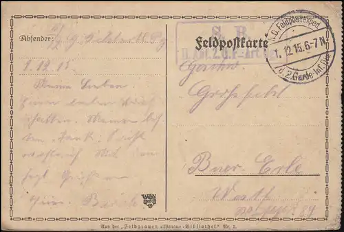 Poste de terrain SB II. Abbé 2. Régiment d'artillerie G.F., carte postale 1.12.1915