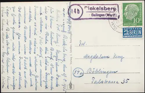 Landpost Bickelsberg sur BALINGEN (WURTT) 29.8.1955 sur AK Burg Hohenzollern