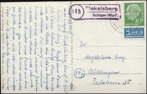 Landpost Bickelsberg sur BALINGEN (WURTT) 29.8.1955 sur AK Burg Hohenzollern