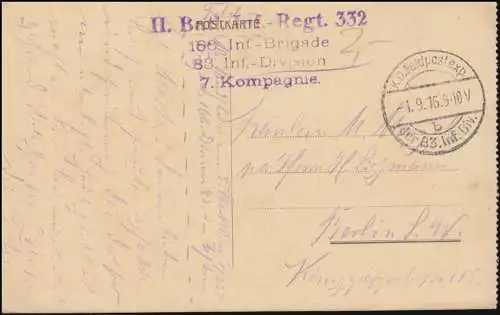 Poste de terrain BS II Batl. Inf.-Regt. 332 - 1.9.1916, AK Vilnius/Vilnius Schopen-Straße