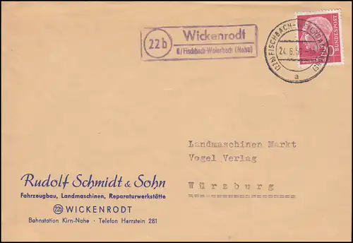 Landpost Wickenrodt über FISCHBACH-WEIHERBACH (NAHE) 24.6.1958 auf Fernbrief