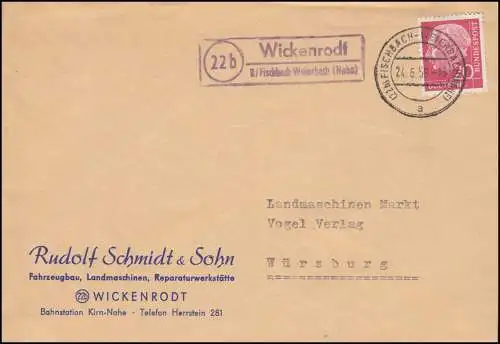 Landpost Wickenrodt über FISCHBACH-WEIHERBACH (NAHE) 24.6.1958 auf Fernbrief