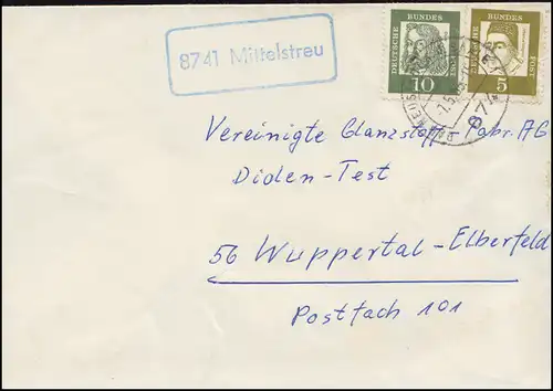 Landpost 8741 Mittelstreu auf Briefdrucksache BAD NEUSTADT (SAALE) 7.5.1963