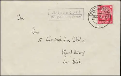 Landpost Wiersdorf über ZEVEN (BZ. BREMEN) 16.12.1936 auf Fernbrief