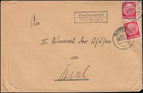 Landpost Sperlingswinkel über GLOGAU 2 - 27.12.1936 auf Fernbrief