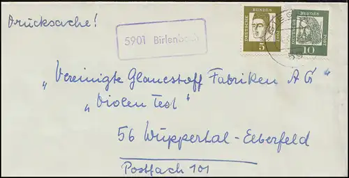 Landpost 5901 Birlenbach auf Drucksache SIEGEN 4.5.1963 nach Wuppertal