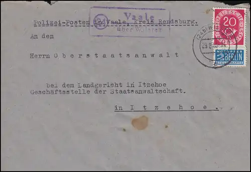 Landpost Vaale über WILSTER 29.8.1953 auf Fernbrief an das Landgericht Itzehoe