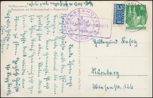Pays-Bas par l'intermédiaire de MEMMINGEN 29.8.1949 sur AK Heilbronnerweg Rappensee
