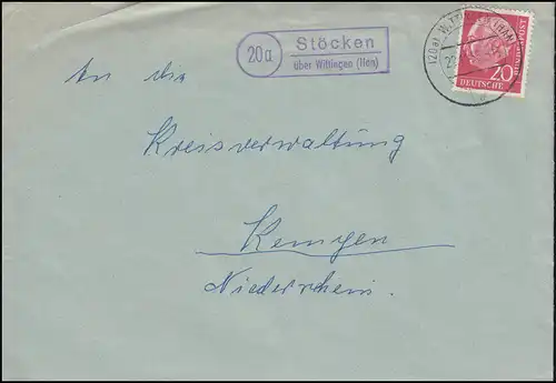 Landpost Stöcken über WITTINGEN (HAN.) 23.11.1958 an Kreisverwaltung Kempen