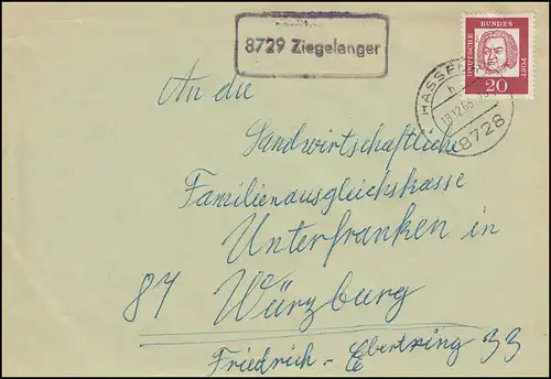 Landpost 8729 Ziegelanger auf Fernbrief HASSFURT 18.12.1963