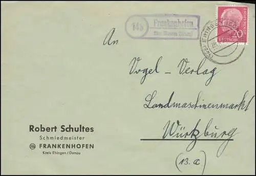 Landpost Frankenhofen sur HEHRINGEN (DONAU) sur télex à Würzburg