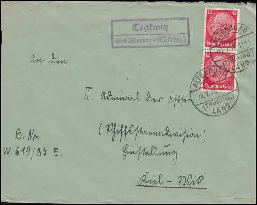 Landpost Tegkwitz sur AltenbuRG (THURINGEN) LAND 22.2.1937 par télex