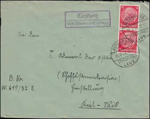 Landpost Tegkwitz über ALTENBURG (THÜRINGEN) LAND 22.2.1937 auf Fernbrief