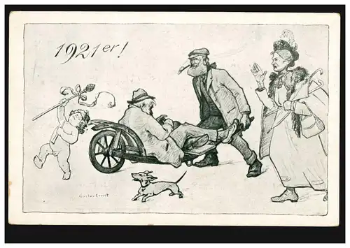 Karikatur-AK 1921er! Betrunkener Mann auf Schubkarre mit Engel, ungebraucht