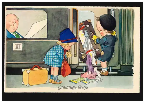 Caricature-AK Voyage chanceux: valise montante sur le quai, inutilisé