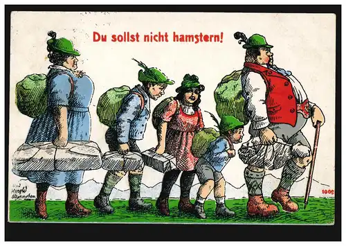 Karikatur-Ansichtskarte Du sollst nicht hamstern!, HAMBURG 20.9.1917