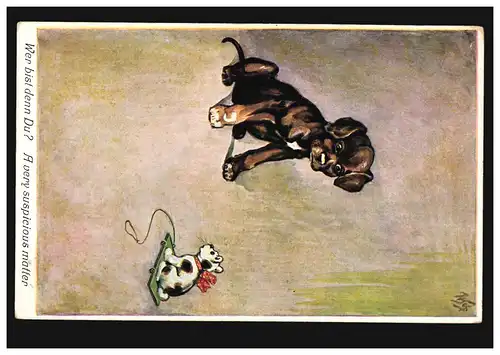 Karikatur-Ansichtskarte Hund und Katze: Wer bist denn Du? ungebraucht